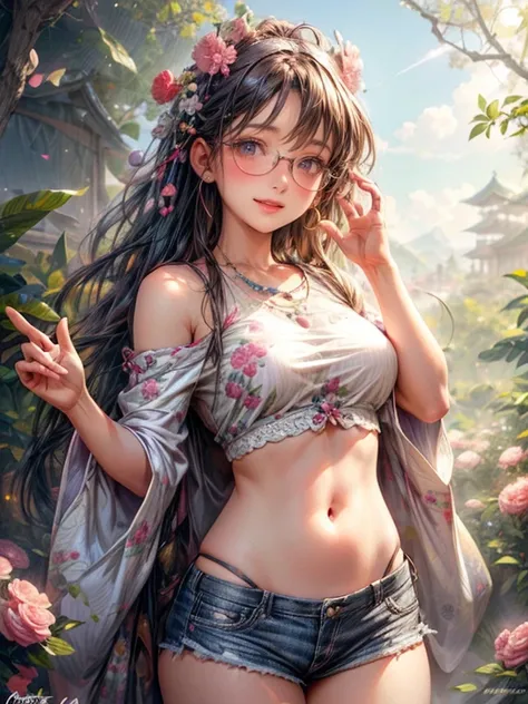 (best quality,highres,masterpiece:1.2),ultra-detailed,(realistic,photo-realistic:1.37),cute girl,round glasses, bare shoulder, baggy crop top, under boob, shorts that shows off belly,beautiful eyes,luscious lips,fashionable outfit,trendy hairstyle,dynamic ...