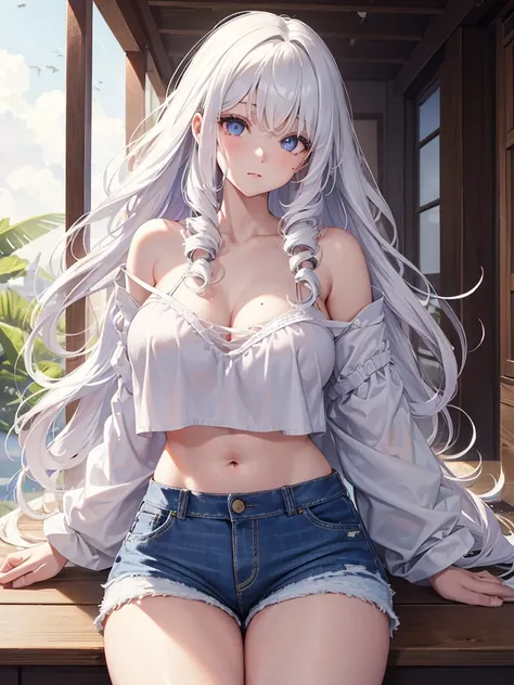 actual, High resolution, 1 girl, white curly hair, Korean, heterochromatic eyes, There is a small mole under the eye, loose white shirt, skinny denim shorts, Big breasts, thigh, Visible masterpiece, realism