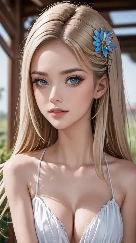 ((最high quality, 8K, masterpiece: 1.3, Ultra HD, high quality, 最high quality, High resolution, realism)) 、A 22-year-old extremely beautiful white woman、Her hair color is platinum blonde、blue eyeedium hair、straight hair、The hair is shiny、The skin is lustrou...