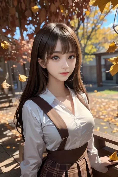 masterpiece、8K、32k、highest quality、(detailed eye)、(cute japanese woman、bangs)、23 years old、1 girl、elegant、(Detailed background depiction、Portrait:1.2)、(suspender skirt)、(yellow fallen leaves:1.3)、cowboy shot、smile