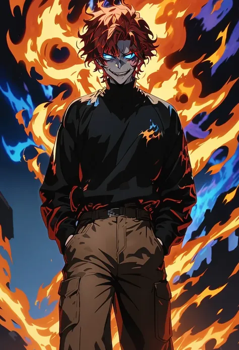 (Young guy), ((handsome)), 1guy, (solo), (red medium hair:1.1), (blue eyes:1.1), ((eyes details)), fit body, black turtleneck, brown cargo, ((evil smile)), anime hight quality, masterpiece, medium shot, hands in pockets, walking, straight-on, flames backgr...