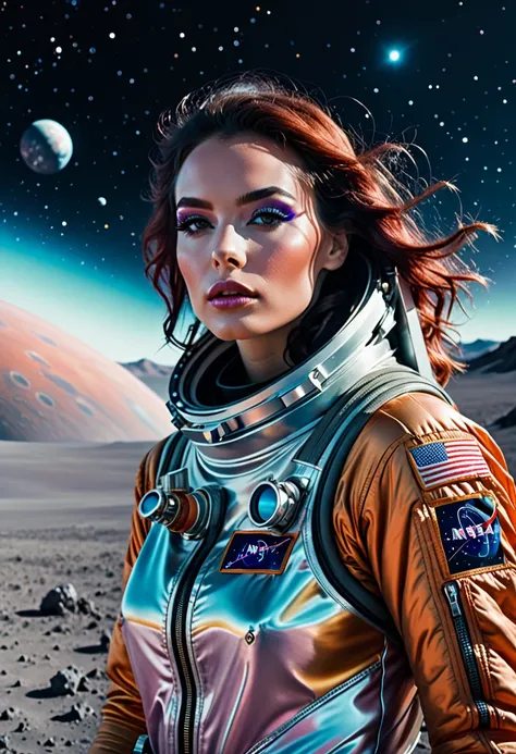 Space exploration, cibachrome, landscape photography, front view, cinematic, 4k, hyper realistic, photopainting, femme fatale, pastel makeup