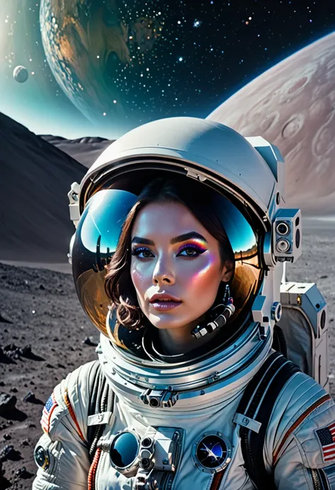 Space exploration, cibachrome, landscape photography, front view, cinematic, 4k, hyper realistic, photopainting, femme fatale, pastel makeup