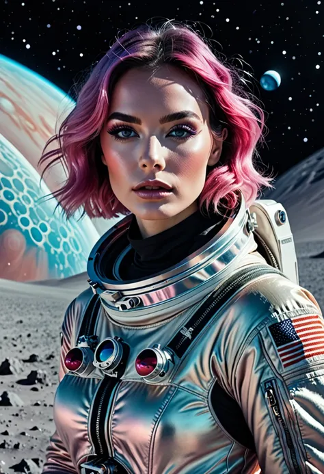 Space exploration, cibachrome, landscape photography, front view, cinematic, 4k, hyper realistic, photopainting, femme fatale, pastel makeup