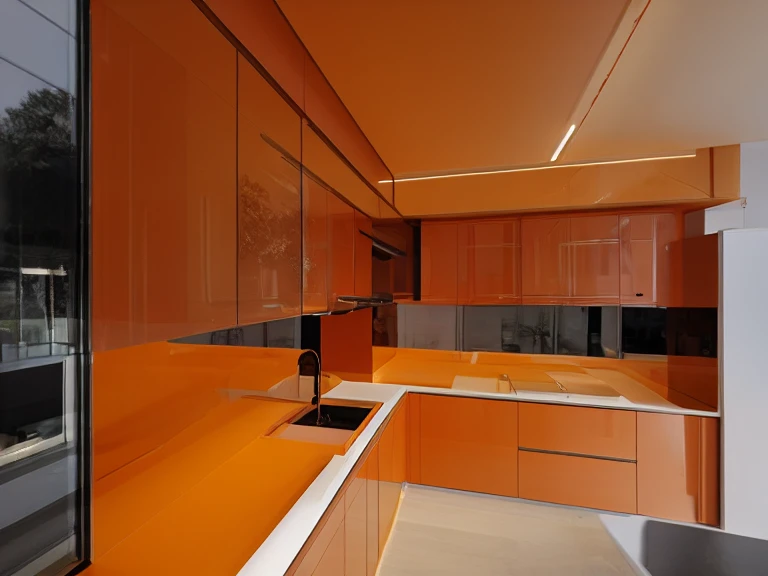 (masterpiece, best quality:1.2), KTH Lux 8 - Minimal, minimalism kitchen, glossy orange   island kitchen