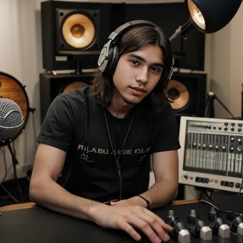 Jovem negro, 22 anos, cabelo curto estilo militar, Sitting at a recording studio table with a microphone on top of the table