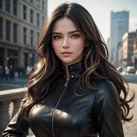 (best quality,ultra-detailed,realistic:1.37),portrait,leather,beautiful detailed face,perfect facial features,detailed eyes,luscious lips,black leather outfit,wavy hair,captivating gaze,confident stance,city backdrop,soft natural lighting,vibrant colors,ex...