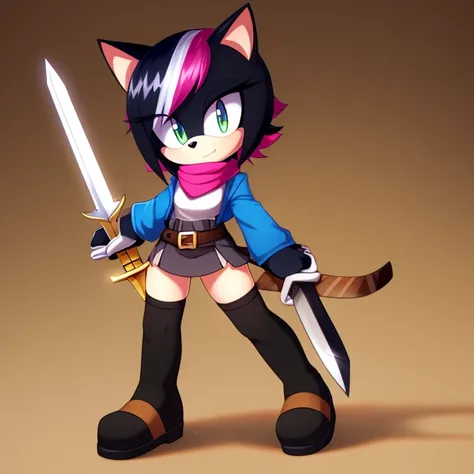 1girl, animal_ears, belt, black_hair, black_legwear, cat_ears, full_body, holding, holding_sword, holding_weapon, multicolored_hair, pink_scarf, short_hair, solo, standing, sword, two-tone_hair, weapon, zettai_ryouiki, mobian girl, 4k