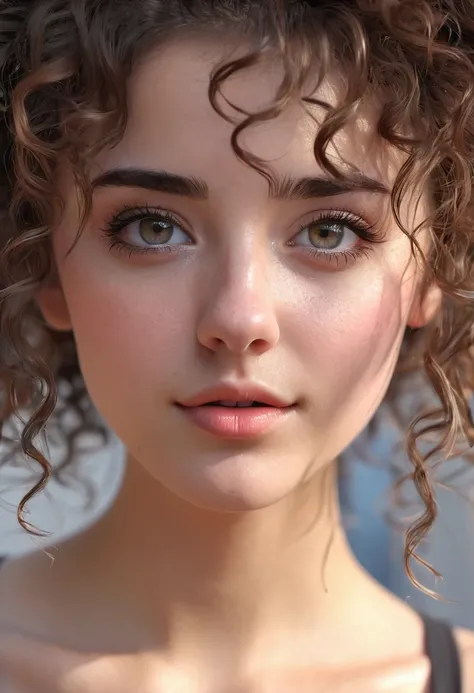 23 year girl, ligt blush, detailed pupils,smlile, cue expression, lookng towards viewers, little curly hair, messy hair, rectangular shape nose, upwarded nose,sharp nose,slim and skinny face,realistic scenery, realisic sexy face,