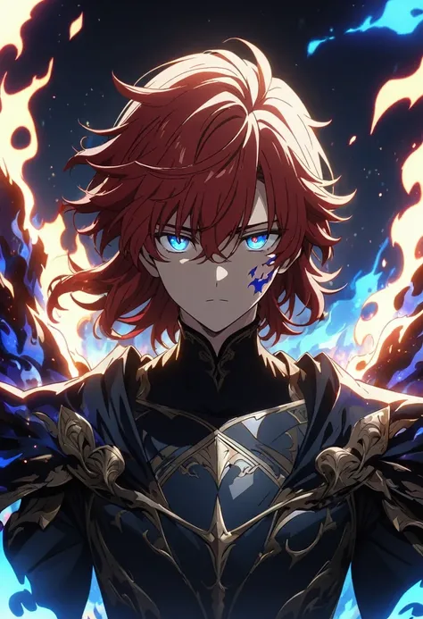 (Young guy), ((handsome)), 1guy, (solo), (red medium hair:1.1), (blue eyes:1.1), ((eyes details)), fit body, black turtleneck, black trouser, ((expressionless face)), anime hight quality, masterpiece, flames light on face, fiery eyes, blue fiery eyes, magi...