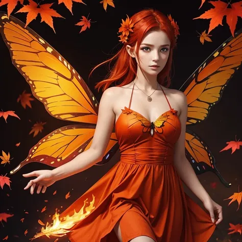 Fire pixie with fire wings reddish hair flower and insect look butterfly wings orange eyes autumn leaves dress 