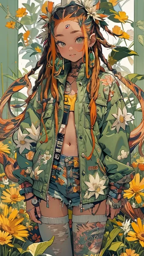 ((girl), (green:1.5, orange:1.1, white:1.3, yellow:1.3))_((very sexy rapper girl with dreadlocks hair), tattoos,(naked body parts), (down jacket :1.2),(Jacket on a naked body, thong))__(( fractal, Flowers, leaves, Fog, lilies, circles background)).
