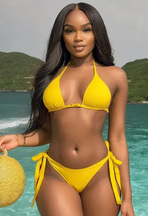 (best high quality:1.2), obra de arte, 8k, extremely detailed, (High detail:1.2), ((perfect anatomy in hands)), (Hotlexi woman), Solo, 24 year old african female with straight hair, (yellow bikini),