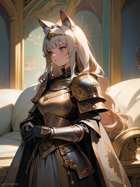 (masterpiece), (best quality), (very aesthetic), (ultra-detailed), (best illustration), realistic, lady likes cat, black armor with goldwork, knight, wide angle, front of castle,