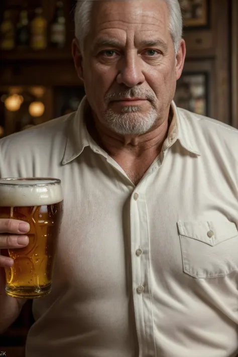 (best quality,4k,8k,highres,masterpiece:1.2),ultra-detailed,(realistic,photorealistic,photo-realistic:1.37),60-year-old man,disgusting,white,muscular,chubby,portrait,dad,plaid shirt,kind,white hair,tavern,beer