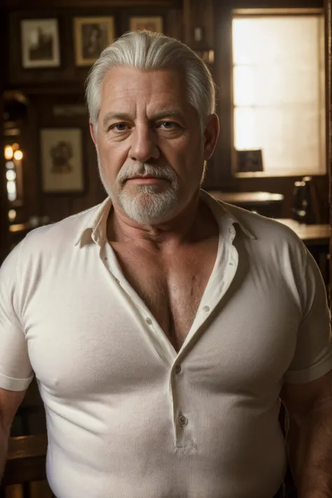 (best quality,4k,8k,highres,masterpiece:1.2),ultra-detailed,(realistic,photorealistic,photo-realistic:1.37),60-year-old man,disgusting,white,muscular,chubby,portrait,dad,plaid shirt,kind,white hair,tavern,beer