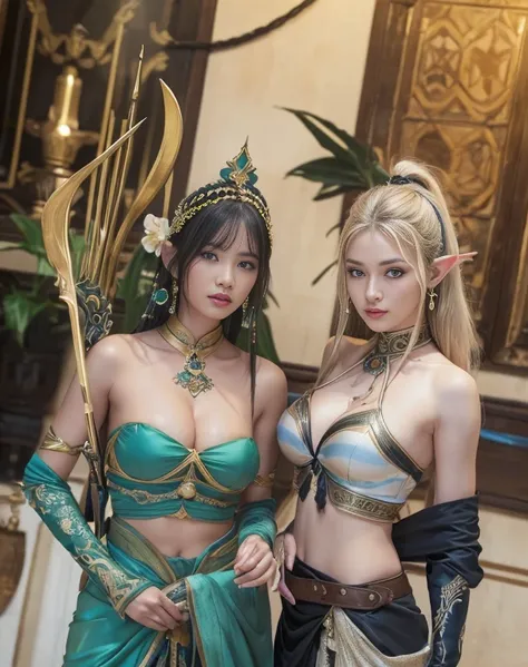 Highly detailed CG Unity 8k wallpaper, highest quality, masterpiece, (Realistic, photorealistic:1.4), ultra high res, (A beautiful multiple_girls, 2 Indonesian_girls face, huge_breasts, pointy_ears, weapon, black_hair, cleavage, polearm, large_breasts, lon...