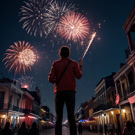 A concert stage in the middle of the streets of New Orleans at night with red moon many people and fireworks in the sky vampire symbols 