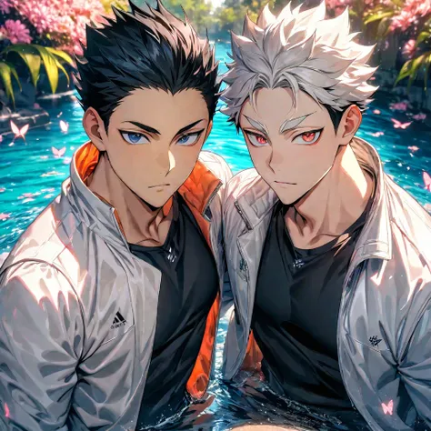 absurdres, highres, ultra detailed, HDR), masterpiece, Bokuto Kotaro, vibrant amber eyes, white hair spiked up, Haikyuu, Akaashi Keiji, black hair, vibrant dark blue eyes, 2men together, gay couple, handsome, water, pink flowers, pink butterflies, white ja...