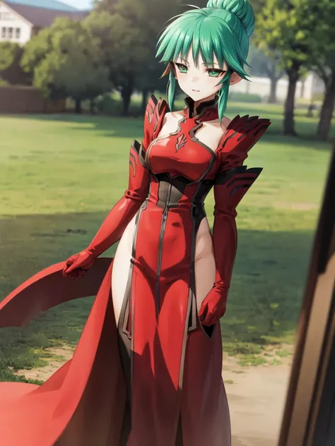 nsfw , Tsukuyomi Mana , (((highres official art))) , (((1girl))) , (((solo))) , (((nude))) , green hair , green eyes , blush , shy , sidelocks , single hair bun , light smile , parted lips , standing , outdoor, (((cowboy shot)))