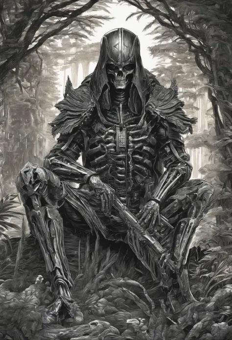 there is a skeleton time traveler that is sitting in a forest, movie still of a alien cyborg, endoskeleton, gigers biomechanical xenomorph, terminator skeleton, noriyoshi ohrai masterpiece, stan winston, by Noriyoshi Ohrai, stephen youll, cyber skeleton, p...