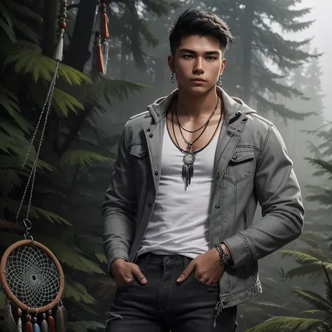 20 year old native American guy in gray jacket black shirt jeans short hair muscular build looking forward towards viewer on a foggy forest background dreamcatcher necklace 