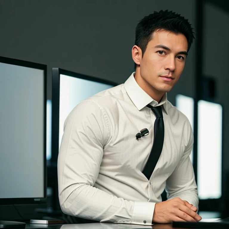 1 person，30-year-old muscular man，Wear a long-sleeved white shirt and tie，Upper body，soft light，Three screens，The screen displays the code，sit at your desk，masterpiece，best quality，8K Ultra HD，digital SLR camera，film grain，Fujifilm XT3 Realistic Art by Mid...