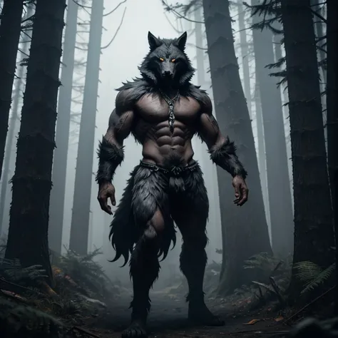 Lycanthrope with wolf head muscular build with gray fur full body naked with black claws looking straight at viewer in background of a foggy forest 