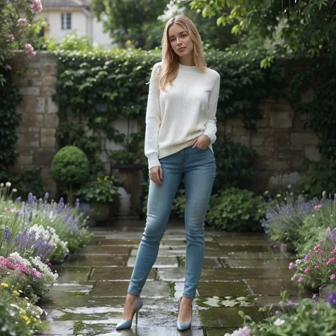 blonde french woman, 30 years old, wearing a white and blue sweater and tight-fitting jeans, black high-heeled pumps, standing in a garden in the rain. The artwork should be ultrarealistic, with a detailed overall view of the scene. The woman should be dep...