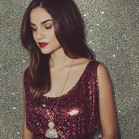 portrait of a brunette woman, straplessred glitter dress, low light, bedroom background, fujifilm-instax-mini-v1beta, polaroid, ...