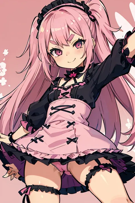 Girl with pink hair, long double-tailed hairstyle, ((small pink bushy eyebrows)), wearing lolita clothing, shorts, marked vagina, lolicon (Zankuro) drawing style by zankuro artist, Zancro style, image uploaded to R34, flirty smile, take a selfie from below...