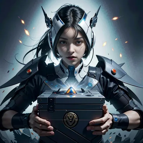 (best quality,4k,8k,highres,masterpiece:1.37), ultra-detailed, (realistic,photorealistic,photo-realistic:1.37), (aerial view), (top down perspective), 1woman, (the foreground is a woman pulling a video game cartridge out of a futuristic artifact box full o...