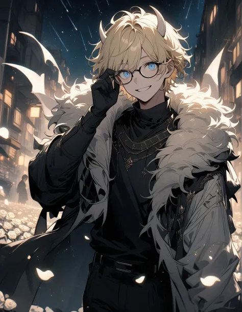 guy, short haircut with bangs, disheveled hair, blond hair, blue eyes, wears glasses, wears a black shirt and black trousers, black high gloves, black shawl with fur trim, large demonic white wings and white horns, smile, looks at the viewer, stands on the...