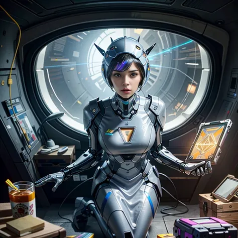 (best quality,4k,8k,highres,masterpiece:1.37), ultra-detailed, (realistic,photorealistic,photo-realistic:1.37), (aerial view), (top down perspective), 1woman, (the foreground is a woman pulling a video game cartridge out of a futuristic artifact box full o...