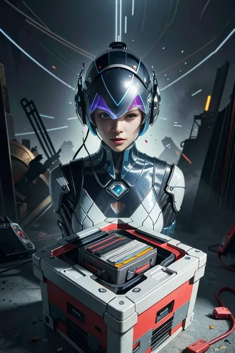 (best quality,4k,8k,highres,masterpiece:1.37), ultra-detailed, (realistic,photorealistic,photo-realistic:1.37), (aerial view), (top down perspective), 1woman, (the foreground is a woman pulling a video game cartridge out of a futuristic artifact box full o...