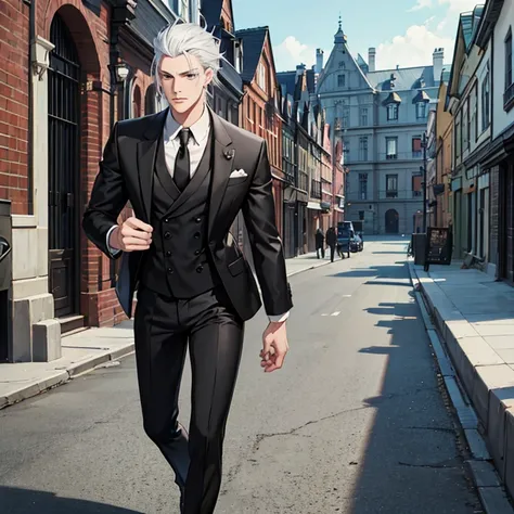 handsome anime tall man in black stylish suit, expressive hands, grey eyes and platinum hair, with a mansion in the background, neutral expression, sharp features, semi-realistic, staring into the distance, blurred background, 8k