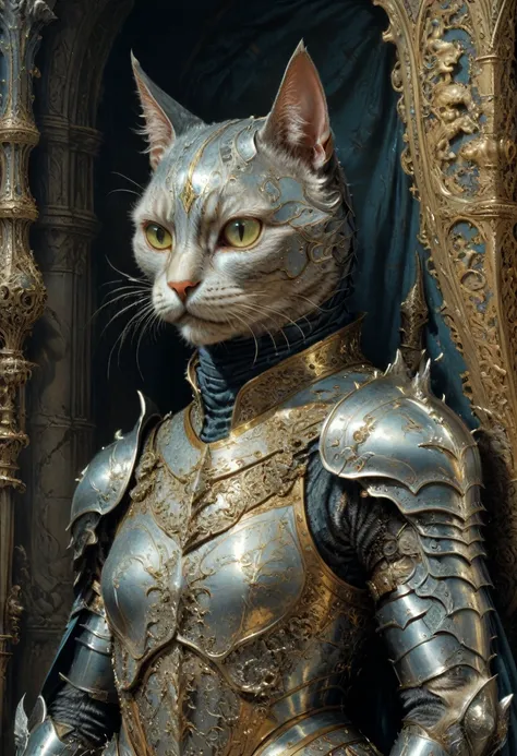 Cat Knight, (anthropomorphic cat), by Gustave Doré, best quality, masterpiece, very aesthetic, perfect composition, intricate details, ultra-detailed