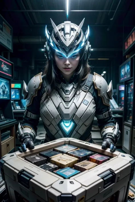 (best quality,4k,8k,highres,masterpiece:1.37), ultra-detailed, (realistic,photorealistic,photo-realistic:1.37), (aerial view), (top down perspective), 1woman, (the foreground is a woman pulling a video game cartridge out of a futuristic artifact box full o...