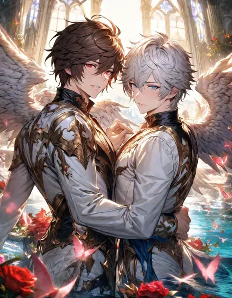 absurdres, highres, ultra detailed, HDR), masterpiece, Lucifer, white short hair, hair between the eyes, vibrant blue eyes, Sandalphon, dark brown short hair, hair between the eyes, vibrant red eyes, 2men together, gay couple, handsome, granblue fantasy, f...