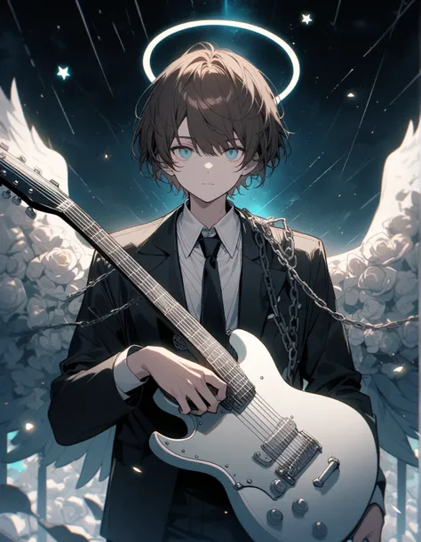 the guy, short haircut with bangs, brown hair, aquamarine eyes, upper body, holds a white guitar in his hands, plays the guitar, wears a black jacket and a white shirt, black tie and black trousers, chains, a black cap on his head, large angelic white wing...