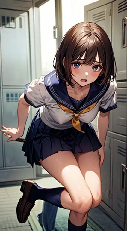 (((perfect anatomy, anatomically correct, super dense skin))), 1 girl, Japanese, high School girl, shiny skin, looking at the viewer, ((Rear view, from below)), 
beautiful hair, beautiful face, detailed and beautiful eyes, (short hair:1.1, bob cut:1.2), da...