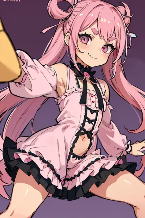 Girl with pink hair, long double-tailed hairstyle, ((small pink bushy eyebrows)), wearing lolita clothing, shorts, marked vagina, lolicon (Zankuro) drawing style by zankuro artist, Zancro style, image uploaded to R34, flirty smile, take a selfie from below...