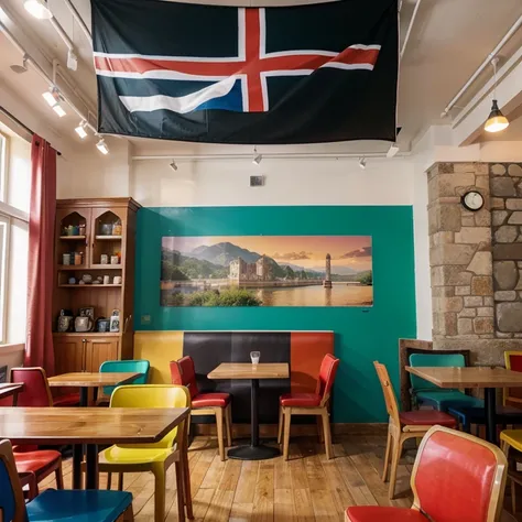 Cafe with many animated colors with tourism theme, travel-themed furniture with country flags and representations of some countries 