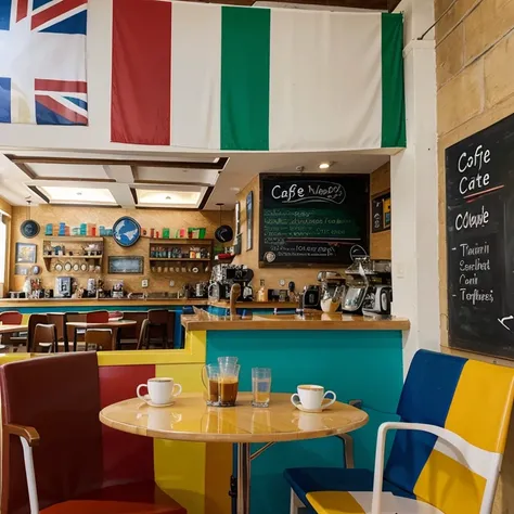 Cafe with many animated colors with tourism theme, travel-themed furniture with country flags and representations of some countries 