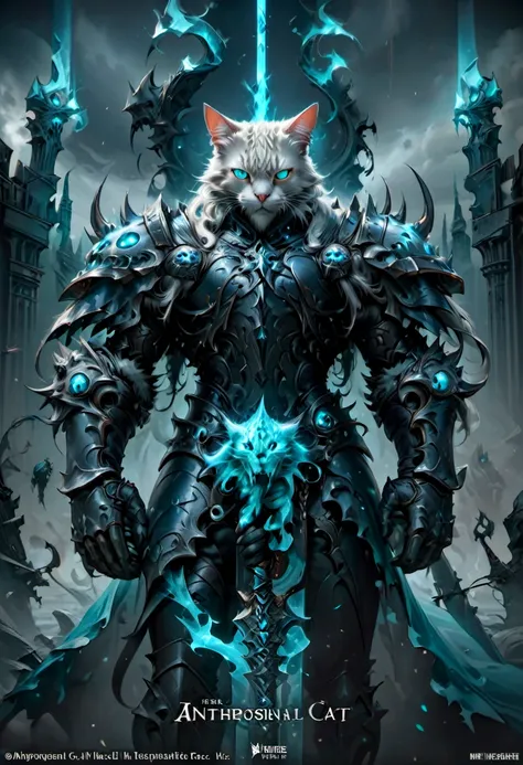 cat deathknight with cyan glowing eyes, (anthropomorphic cat:1.4), engraved ornate heavy deathknight armor, gleaming steel, dram...