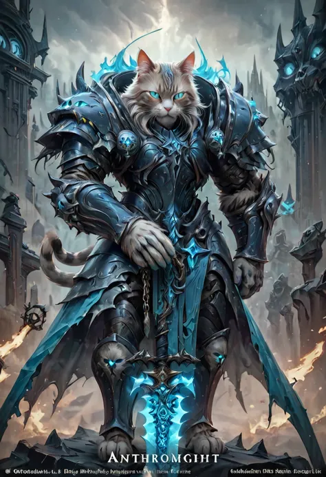 cat deathknight with cyan glowing eyes, (anthropomorphic cat:1.4), engraved ornate heavy deathknight armor, gleaming steel, dram...