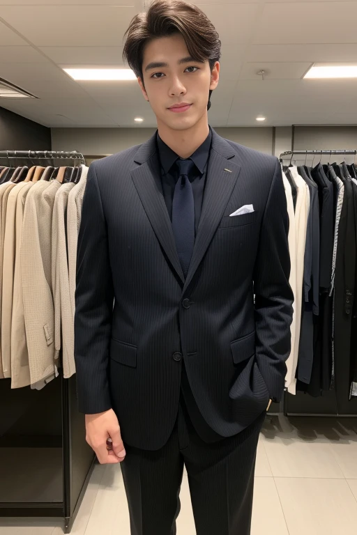 dark brown suit、　20-year-old fresh and handsome new employee、　（Super handsome S-class suit guy）、　Japanese 20-year-old boy、　merchant、　Ultra-luxury set、　office、　Stand up in a suitＳyoung handsome man、　Full body image、　（CG Unity 8K high-detail photos）、　（a very...