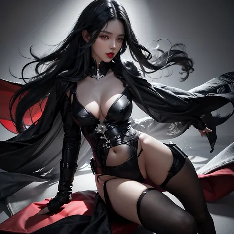 Beautiful girl, black long hair, beautiful red lips, full body view, realistic face details, realistic body shiny, big breasts, hot tight body, sexy pose 