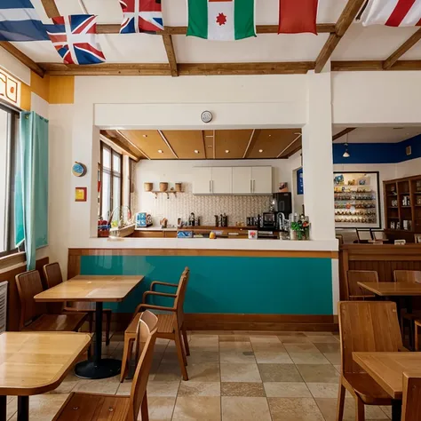 Cafe with many animated colors with tourism theme, travel-themed furniture with country flags and representations of some countries 