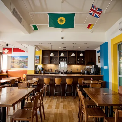 Cafe with many animated colors with tourism theme, travel-themed furniture with country flags and representations of some countries 